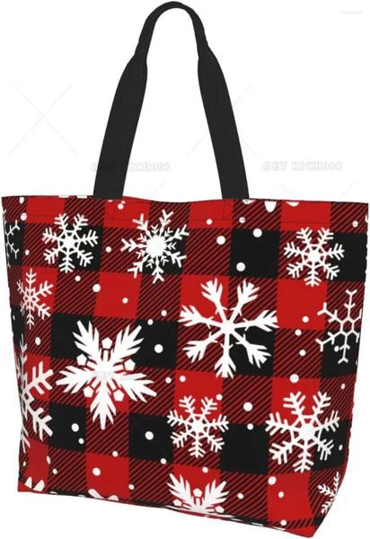 Alışveriş çantaları Noel kırmızı tartan kar tanesi kar tanesi tote çanta büyük omuz gündelik yeniden kullanılabilir çanta kadınlar için bakkal çalışması