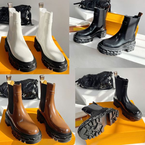 Record Chelsea Boot 1AC7Z3 botas femininas botas de grife botas de outono inverno botas de couro de bezerro creme vitrificado painéis laterais elásticos bota de couro botas de plataforma retrô