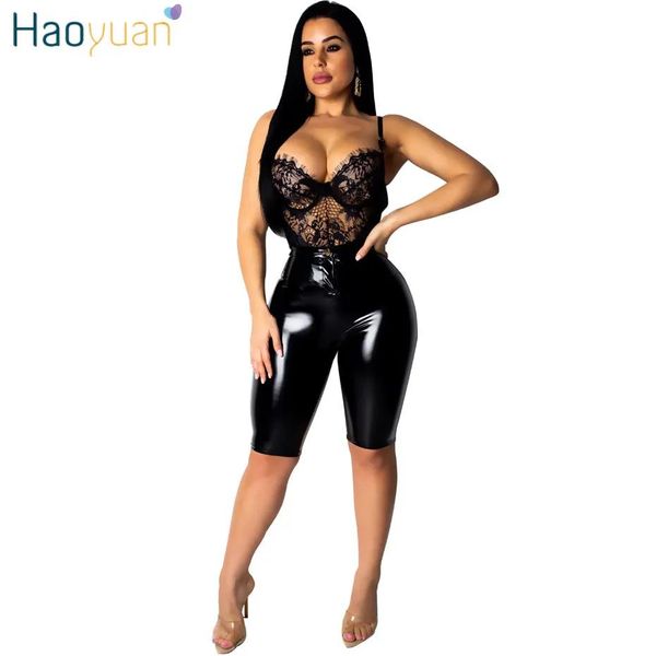 Shorts Haoyuan High Stretch PU Leder High Taille Shorts Frauen schwarz rosa Kunstleder Biker Shorts Knie Länge sexy kurze Hosen