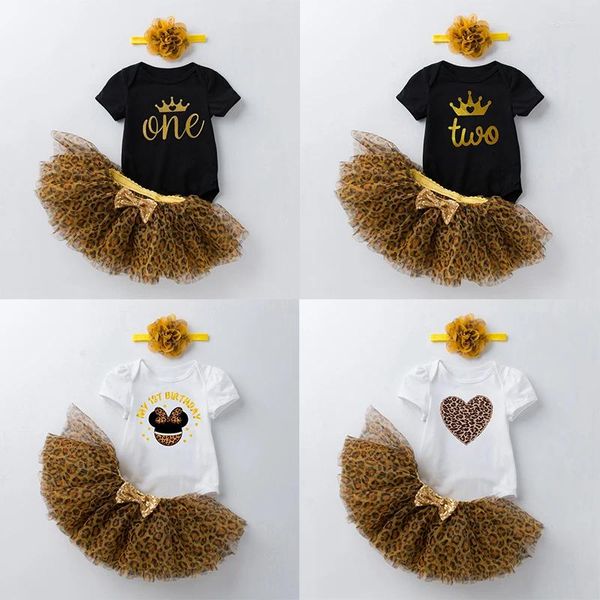 Conjuntos de roupas 3 pcs nascido bebê menina vestido de algodão festa de aniversário de manga curta carta leopardo impressão tutu saia roupas de verão 0-24m