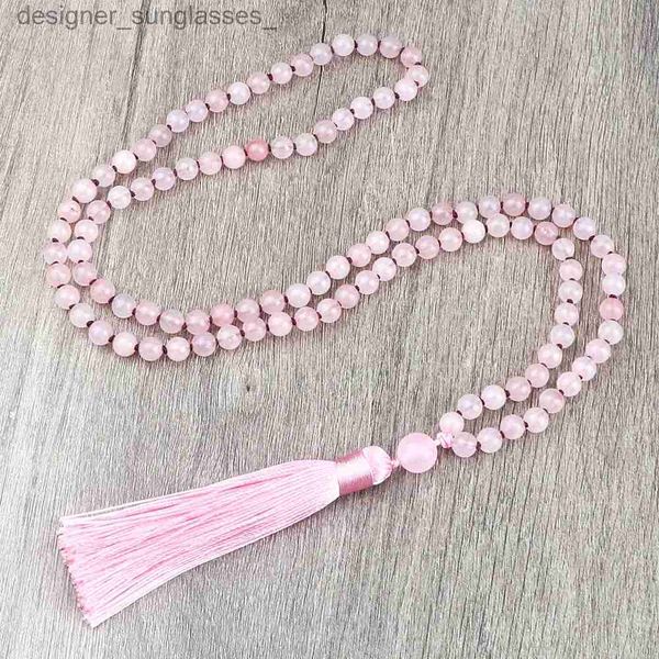 Kolye Kolyeleri Pembe Kuvars 108 Boncuklar Kolye Moda Kadınlar 6mm Doğal Taş Kristal Püskül Uzun Kolye Meditasyon Yoga Ruh Mala Jewelryl231218