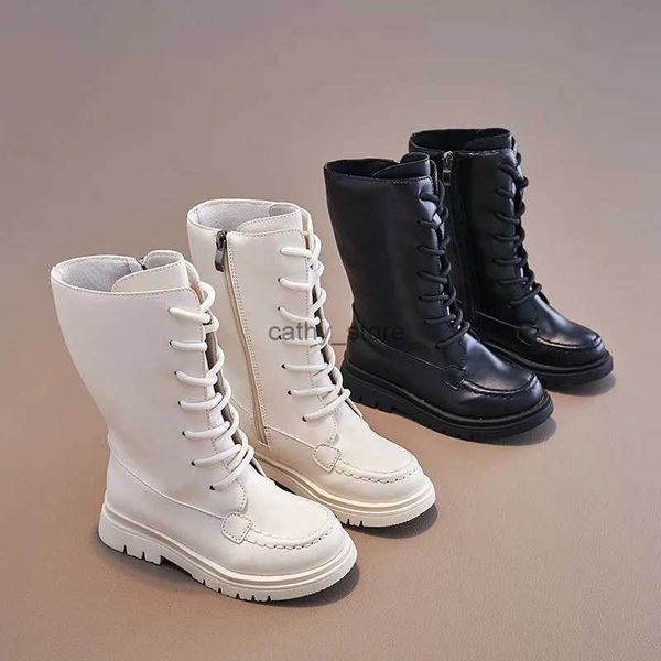 Botas manter quente crianças menina sapatos longos preto marrom botas de combate para crianças estudante uniforme vestido sapatos escola meados de bezerro botas g07033l231218