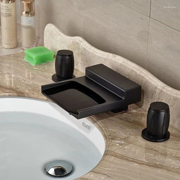 Смесители для раковины для ванной комнаты Vidric, монтируемый на палубу, черный, широкий водопадный излив, смеситель для ванны с двойной ручкой и смеситель для холодной воды