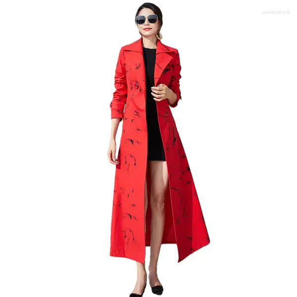 Женские плащи, модное длинное пальто, женское весенне-осеннее двубортное красное пальто, ветровка с тонким поясом, повседневная верхняя одежда