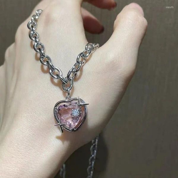 Pingente colares rosa cristal coração colar moda y2k kpop brilhante clavícula corrente para mulheres meninas tendência festa jóias