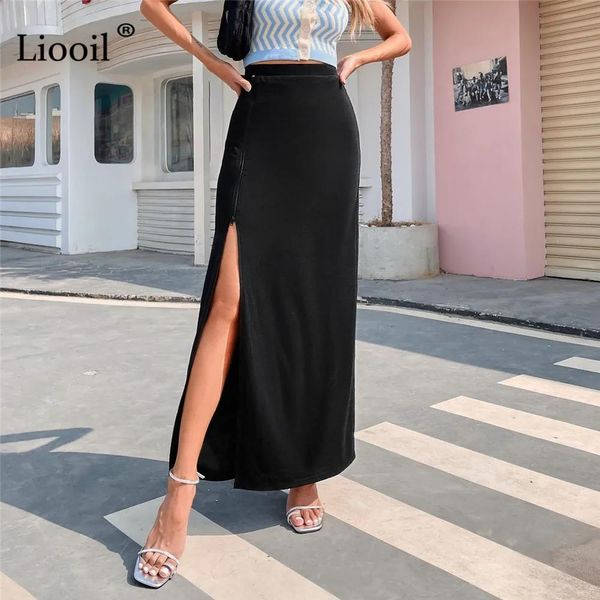 Kleider lioooil sexy hoher Schlitzrock Damen Schwarz Reißverschluss Highwaisted Maxirock für Frauen 2021 Sommer Streetwear Elegante lange Röcke