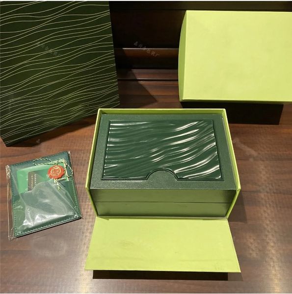 Luxus-Uhrenboxen, Designer-Rechteck, grüne Holz-Wellenmuster-Hüllen, Markenverpackung, Aufbewahrungsvitrinen mit Logo, Arbeits- und Zertifikat-Geschenkbox