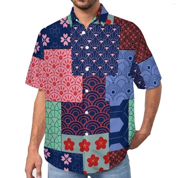 Herren lässige Hemden Patchwork Print Beach Shirt Japanische Wellen Blumen Hawaii Männer ästhetische Blusen kurzarm Design Top Plus Size