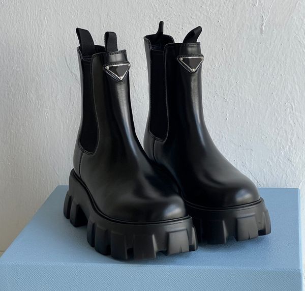 2024 Regenstiefel mit dickem Absatz für Damen, Stiefeletten mit dicker Sohle, Designer-Luxusmarke, Chelsea-Stiefel, mittlere Waden, Gummischuhe, Martens, Martin-Stiefel, Mujer Prads