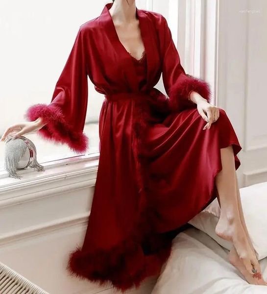 Indumenti da notte da donna Abito da sposa bordeaux Abito da sposa Set Primavera Donna Kimono Accappatoio Casual Raso con piume Camicia da notte Pigiama