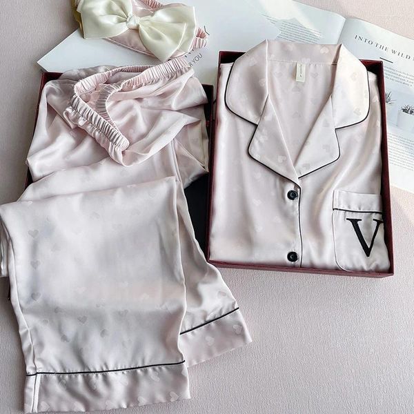 Женская одежда для сна с розовым принтом, 2 шт., Pijama Mujer, атласная домашняя одежда, домашняя одежда из ледяного шелка, комплект брюк, повседневная пижама Pour Femme