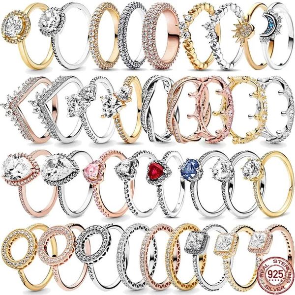 Anéis de cluster vendendo 925 prata esterlina clássico deslumbrante coroa redonda anel em forma de coração requintado luz luxo charme feminino jóias presente