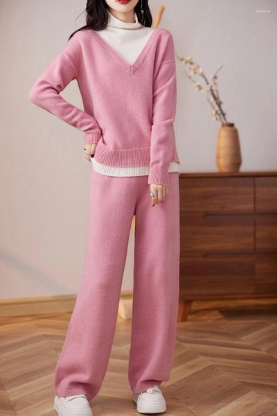 Women's Sweaters 2-Piece Wool Knit Set For Women Pullover Sweater Loose Design Pile Neck Long Sleeved Top Wide Leg Pants Color Block