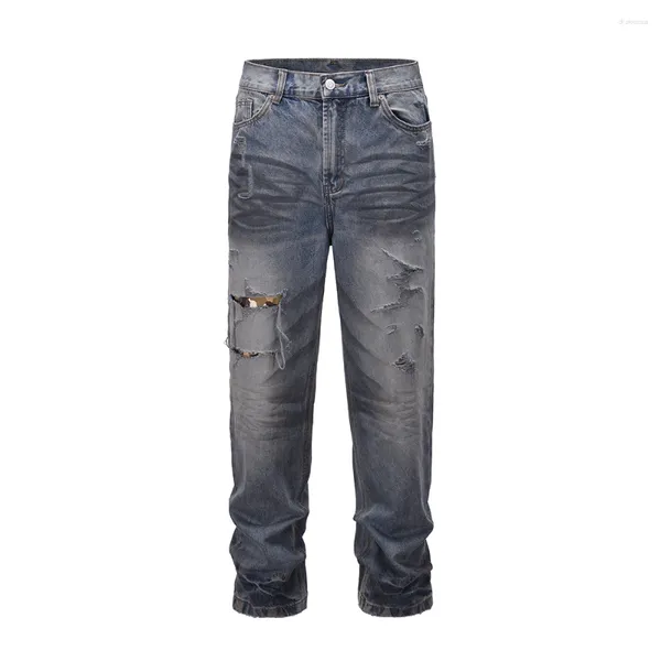 Erkekler Kot Yıkılmış Delik Patchwork Yıpranmış Mavi Baggy Düz Y2K Yırtık Pantalonlar Hombre Denim Pantolon Sokak Giyim Gevşek Kargalar