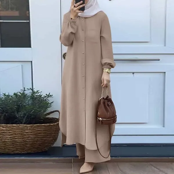 Roupas étnicas Mulheres Conjuntos Muçulmanos Moda Casual Camisa de Manga Longa Calças Calças Turco Conjunto de Duas Peças 2024 Primavera Outono Islam Modest