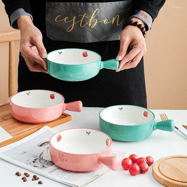 Pratos Japonês Pintado à Mão Morango Cerâmica Baking Bowl Bonito Salada de Frutas Casa Único Alça Arroz Assado