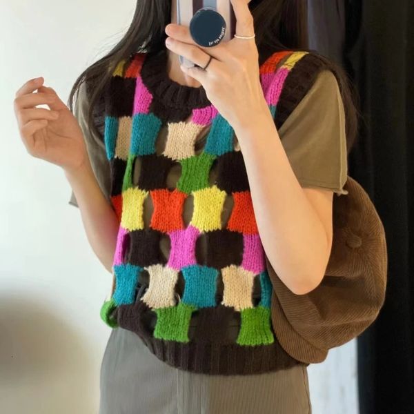 Gilet da donna in misto lana scavato maglione colorato fatto a mano 2023 autunno inverno moda coreana 231218