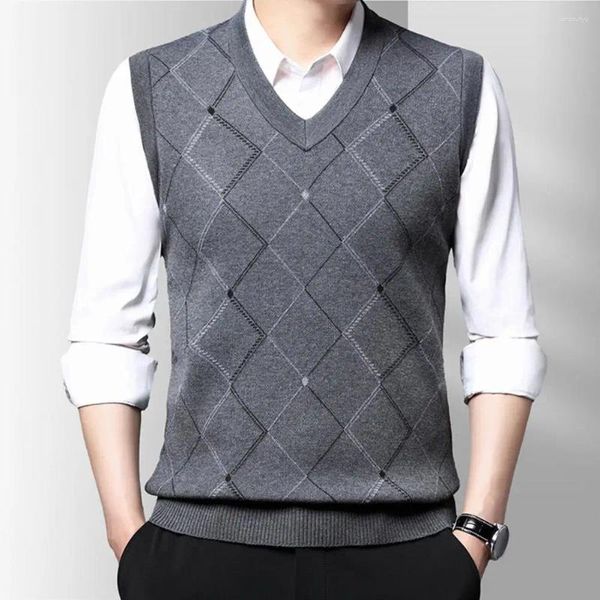 Coletes masculinos homens v-pescoço colete casual estilo geométrico losango malha quente à prova de vento sem mangas top para outono inverno v