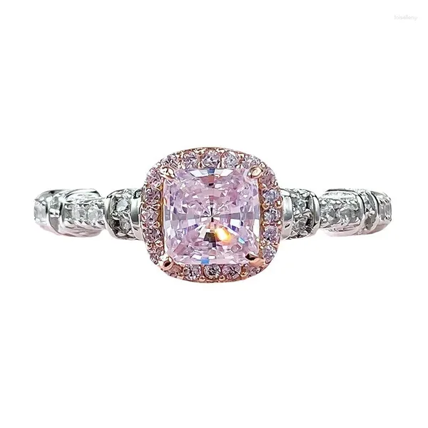 Anelli a grappolo S925 Argento brillante 5 diamanti rosa brillanti Anello nuziale con cuscino