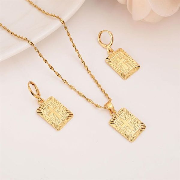 22 K 23 K 24 K Thai Baht Solid Fine Yellow Gold GF Christian Square Cross Pendant Drop Necklace Chain Earrings Sets Jesus Gift207D