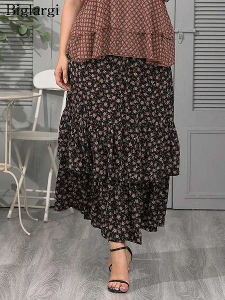 Gonne Plus Size Autunno Chiffon Gonna longuette Donna Stampa floreale floreale Moda Volant a pieghe Gonne da donna Gonna allentata casual da donna 2023 YQ231218