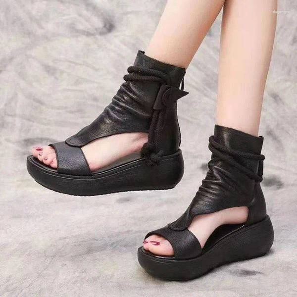 Sandali Donna Estate Stivali romani 2023 Tacchi medi Zeppe Scarpe da donna Vintage PU Sandali in pelle Zapatos De Mujer