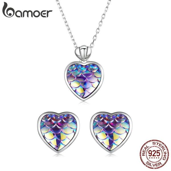 Collane Bamoer Collana a cuore in scaglie di pesce Orecchini a bottone per gatti Orecchini a cuore in argento sterling autentico Sier Set regalo femminile di alta gioielleria