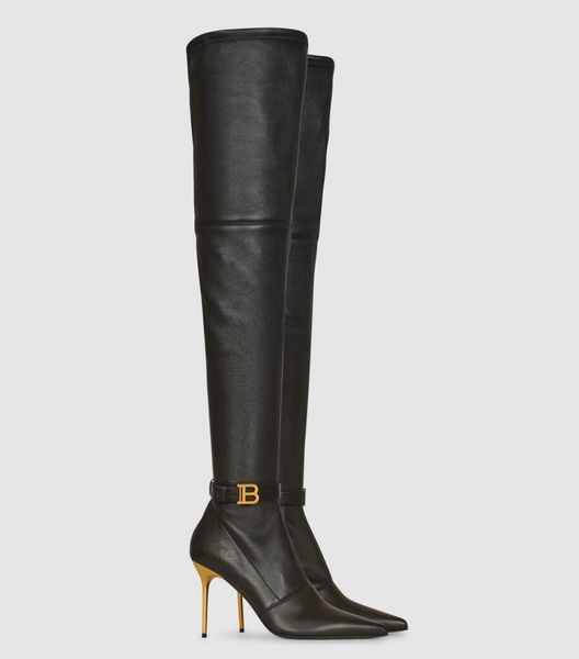 Elegante Marca De Invierno Bal Main Raven Botas Altas Para Mujer Tacones Altos Con Punta Puntiaguda B Tacones Altos En Tono Dorado Bota Por Encima De La Rodilla Vestido De Fiesta Moda Para Caminar