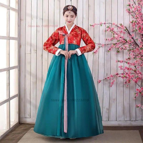 Ethnic Clothing 2023 Oringinal Evening Dress Hanbok Ancient Korean Folk Stage Performance Dance Costume Traditional Flower Print Chiffon
