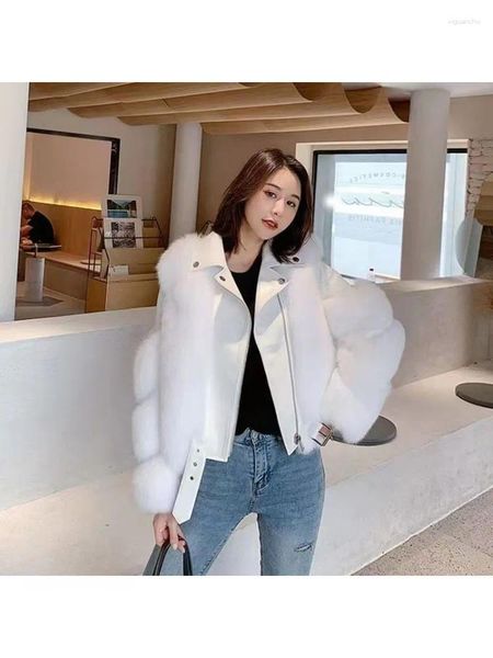 Frauen Pelz Flauschige Faux Jacke Frauen Straße Patchwork Langarm Leder Drehen Unten Kragen Weibliche Dicken Mantel Dame Luxus outwear