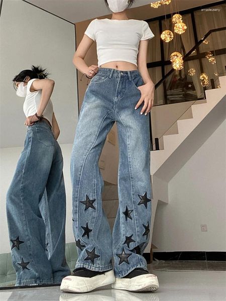 Jeans femininos americano vintage estrela decalque cintura alta reta azul primavera verão casual neutro chique perna larga calças jeans