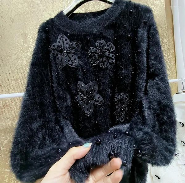 Maglioni da donna Lussuosi perline con paillettes Fiori tridimensionali Maglione in fluff di visone con fondo nero taglie forti