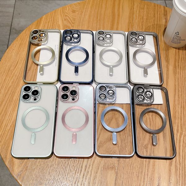 Luxuriöse klare magnetische Titan-Farbhülle für iPhone 15 14 Plus Pro Max 13 12 11, transparente Beschichtung, kompatible kabellose Ladegerät-Abdeckung
