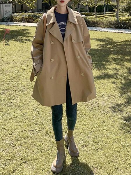 Trench da donna LANMREM Cappotto color kaki stile britannico maniche lunghe bavero giacca a vento doppio petto abbigliamento casual femminile autunno 2DA1781