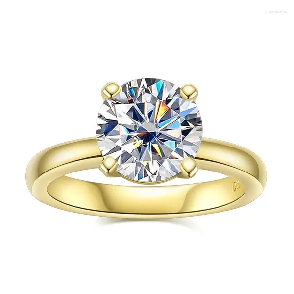 Anéis de cluster 3 moissanite 925 prata esterlina redondo anel de noivado jóias finas cor amarela para mulheres