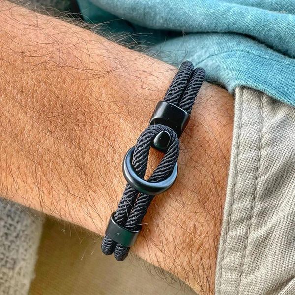 Pulseras con dijes Pulsera de cuerda de Milán hecha a mano minimalista Negro Marrón Caqui Gancho fácil para hombre para hombre Joyería de boda de metal de moda simple