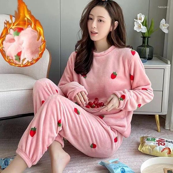 Mulheres sleepwear pijamas de morango conjunto mulheres outono e inverno pelúcia grosso coral veludo isolamento térmico para meninas estudantes casa