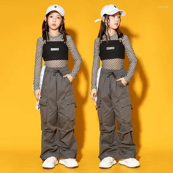 Bühnenkleidung Tops Cargohosen Werkzeug Modern Dance Performance 2023 Kinder Hip Hop Kostüm für Mädchen Kpop Jazz Kleidung Plaid