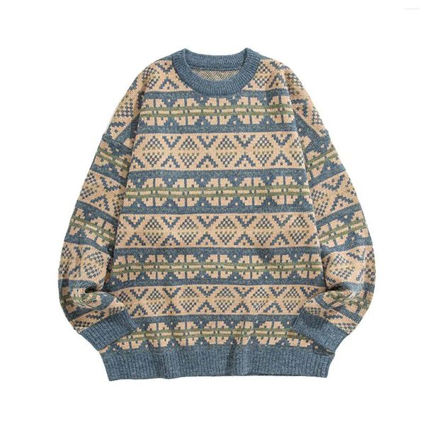 Herrenpullover Herrenpullover Pullover Vintage Digitaldruckmuster Lose gestrickt Koreanische Mode O-Ausschnitt Wollstrickpullover Sueter