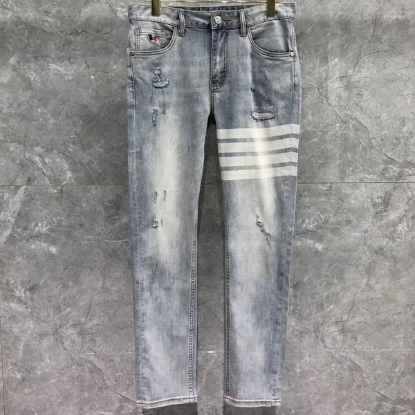 Jeans masculinos moda homens quatro estações 4-bar listrado buraco design reto regular estiramento calças jeans