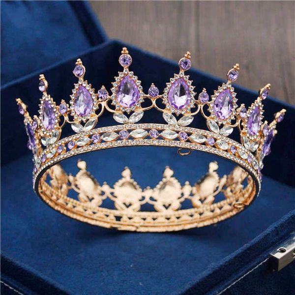 Gold Purple Queen Kral Gelin Taç Kadınlar için Başlık Palyası Pageant Düğün Tiaras ve Taç Saç Takı Aksesuarları 210616294T