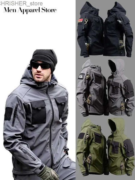 Giacche tattiche Pelle di squalo Giacche militari Uomo Tattico Soft Shell Antivento Impermeabile Giacca cargo con cappuccio Uniformi esterne Multi-tascheL231218