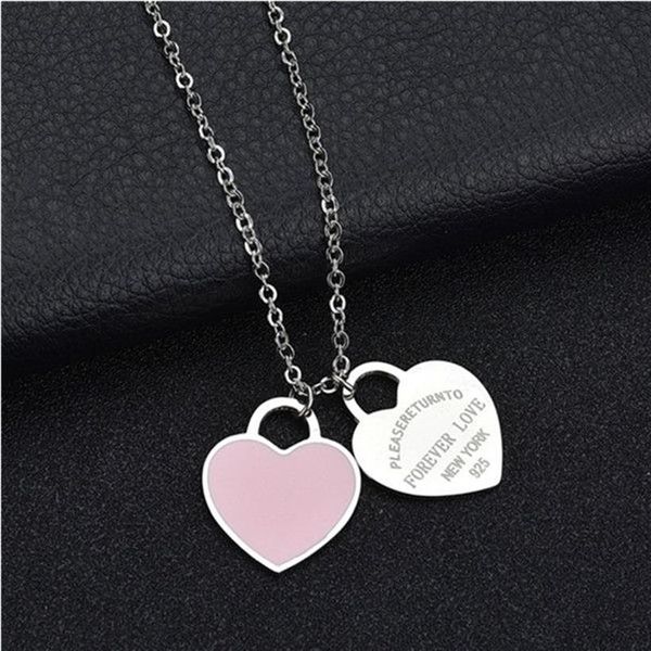 Fashion Accessories Enamel Double Heart Pendant Stainless Steel Necklace FOREVER LOVE Letter Necklace Wedding Gift233z