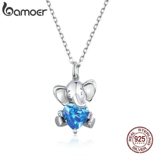 Halsketten Bamoer Ozeanblaues Herz Cz Elefant Anhänger Halskette für Frauen Sterling Silber Tier Schmuck Kragen BSN180