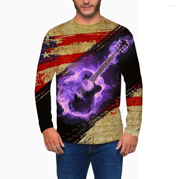 Erkek Tişörtleri Moda Y2K Üstler Sonbahar 3D Gitar Baskı Grafik Sokak Trend Giysileri Sıradan Uzun Kollu Yuvarlak Boyun T-Shirt