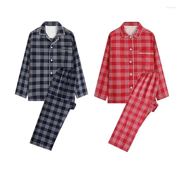 Pijamas de flanela de algodão feminino conjunto de manga comprida e calças 2 pçs casa sleep lounge masculino simples casual homewear ternos
