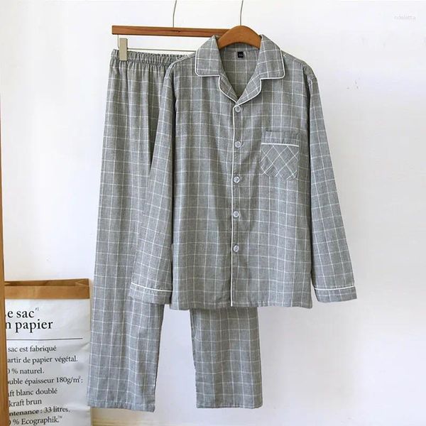 Men's Sleepwear Spring Autumn Men Casual Plaid Pajama Sets Male Cotton Suit Long Sleeve Turn-down Collar Shirt  Pants