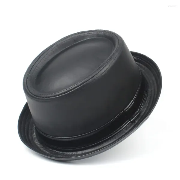 Berets Couro Homens Balck Torta De Porco Chapéu Para Pai Fedora Fasgion Cavalheiro Flat Bowler Porkpie Top Tamanho S M L XL