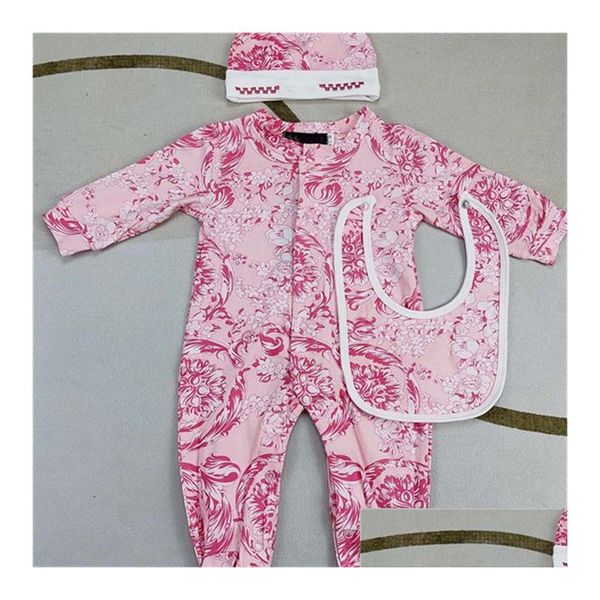 Bebê Designer Comércio Exterior Onesie Puro Algodão Clássico Moda Mangas Compridas Cling Terno Ha Chapéu Bib Conjunto de Três Peças G06 Drop Delivery Dhapm