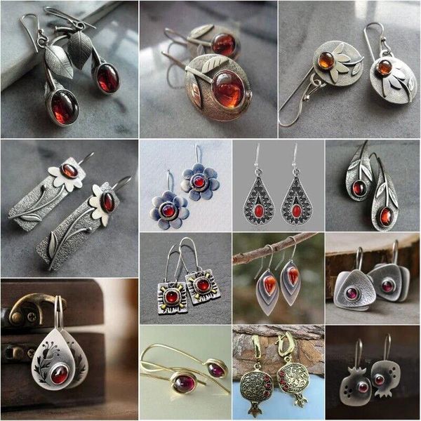 Orecchini pendenti vintage in pietra rossa per donna, design a croce tribale, ovale, in metallo antico, gioielli di dichiarazione